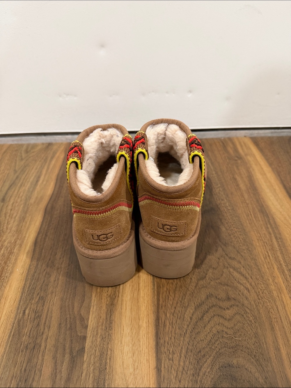 UGG Chestnut Suede Ankle Booties with Red and Yellow Accents - Picture 2 of 3
